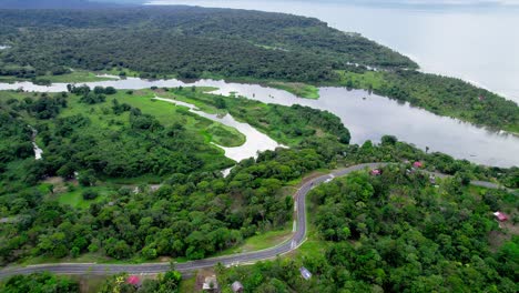 Highway,-Forest-and-River-Aerial-Footage