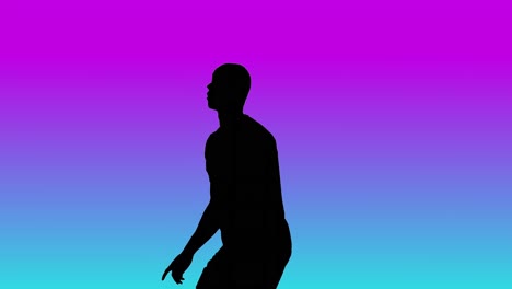 video van een zwart silhouet van een mannelijke voetballer die een bal schopt op een blauwe tot paarse achtergrond