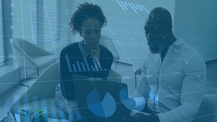 Animasjon av finansiell databehandling over mangfoldige forretningsfolk på kontoret