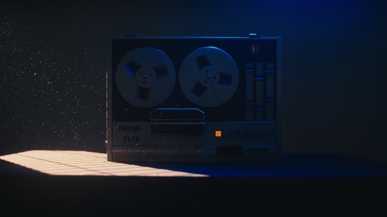 A vintage tape recorder spinning spools in a blue light