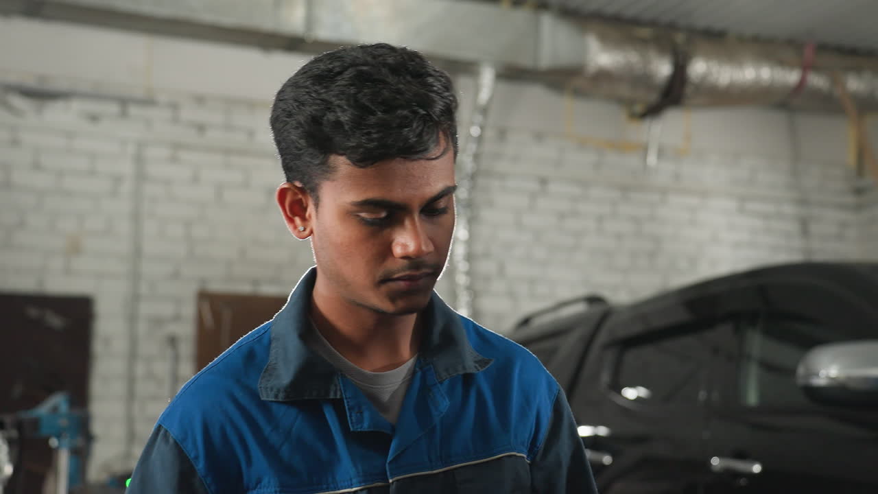 ingeniero en uniforme azul se limpia la frente mientras sostiene un raspador en un taller de automóviles, el fondo incluye herramientas industriales, equipos y un vehículo negro