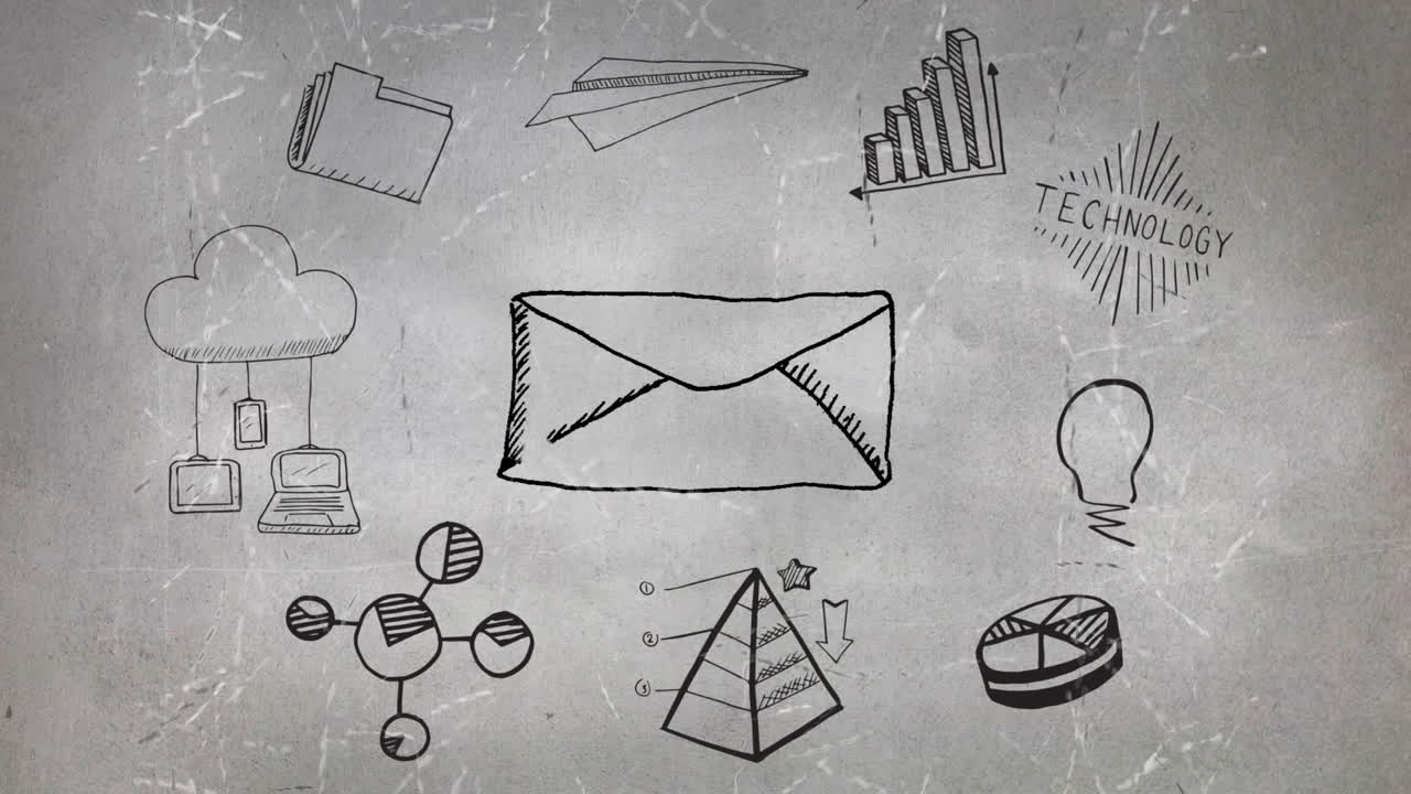 sobre rodeado de dibujos de tecnología y gráficos