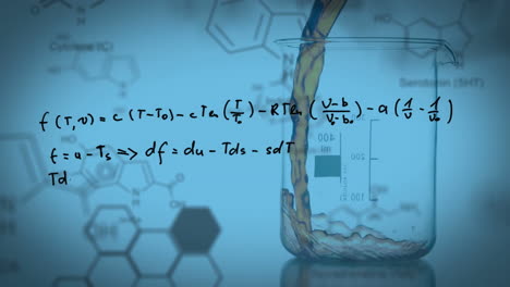 animated lab beaker fills with colored liquid amid formulas on a blue backdrop.