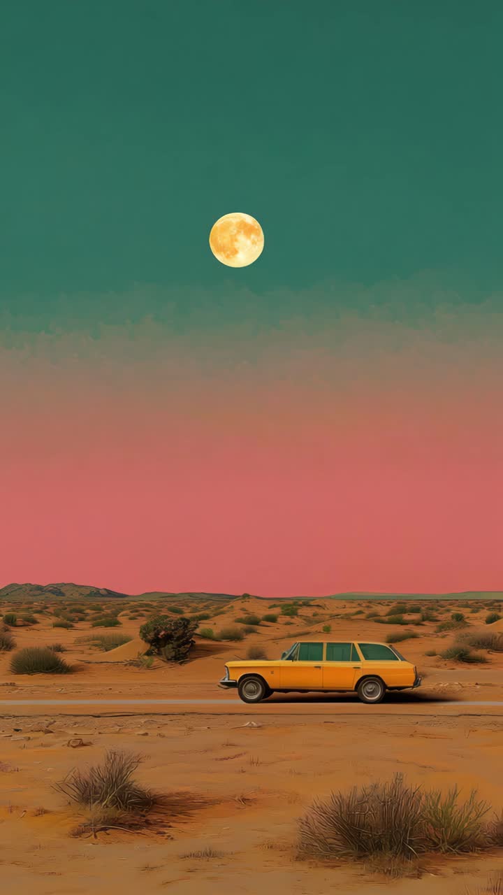 Surreal video scene with a low-angle view of a vintage car in a desert under a full moon