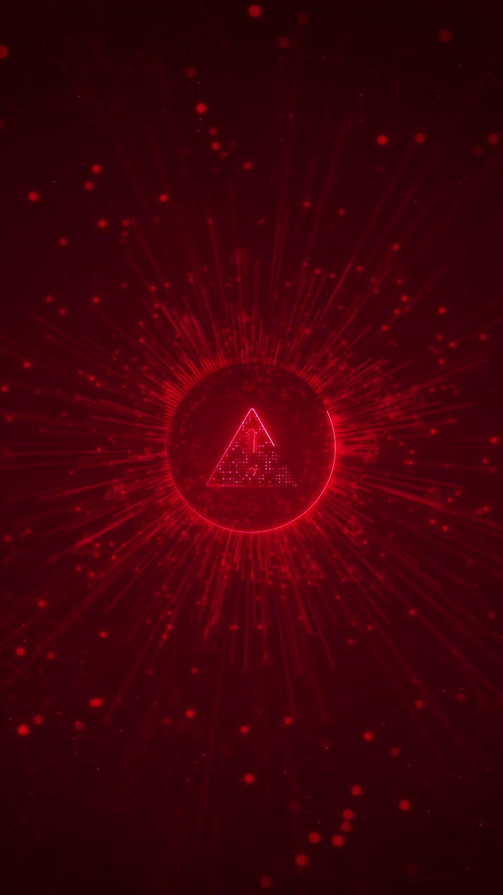 Red cyber alert warning visual with glowing triangle symbol radial burst lines and dark danger