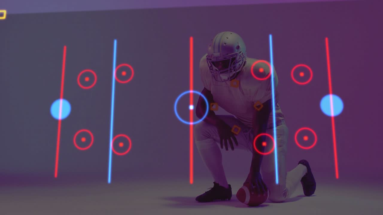 Football player kneeling placing ball activating sports HUD neon columns route nodes route analysis
