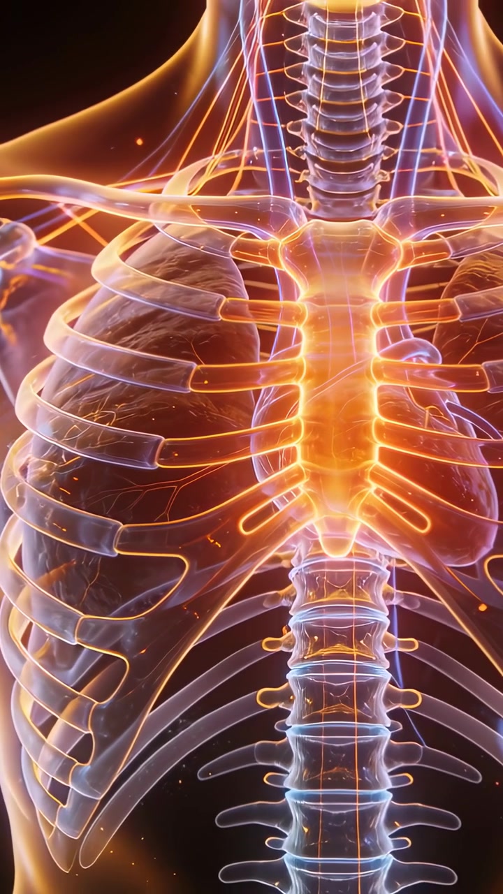 Vertical video: Zooming camera revealing translucent thorax pulsing at sternum in lab, for learning