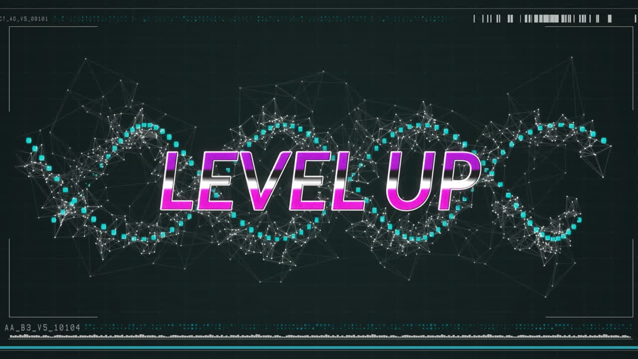 연결의 회전하는 초록색 네트워크를 통해 레벨 업 텍스트의 애니메이션