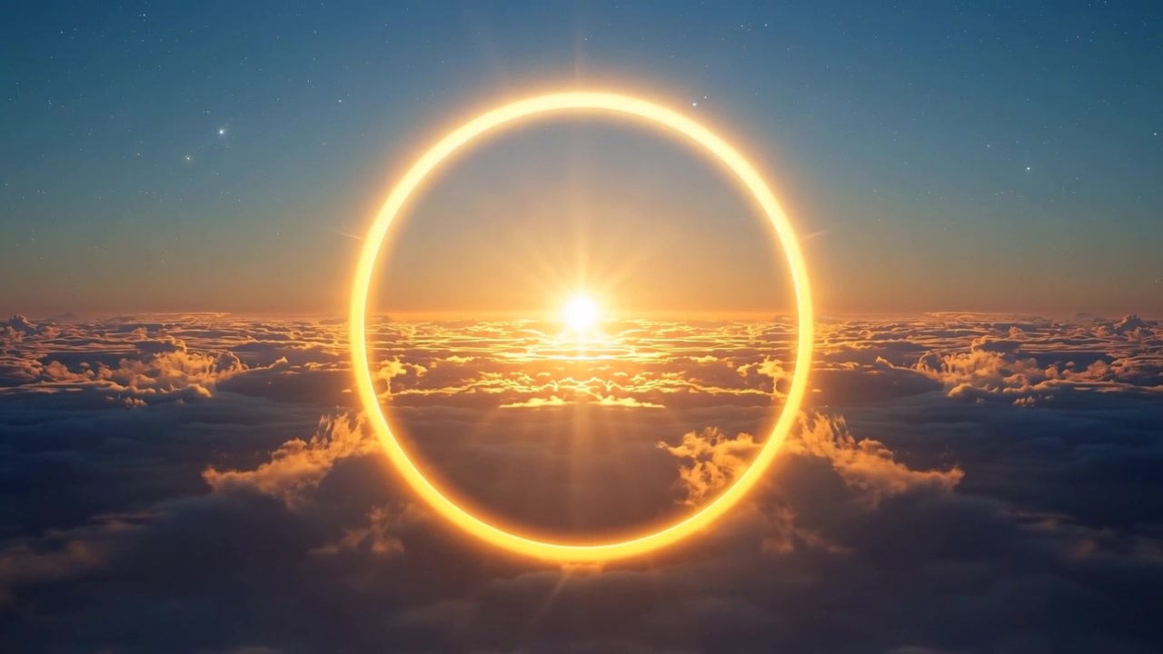 明るくなる朝日の光が、低い位置にある太陽の周りに光の輪を作り出し、脈動しながら雲の頂を暖めている。