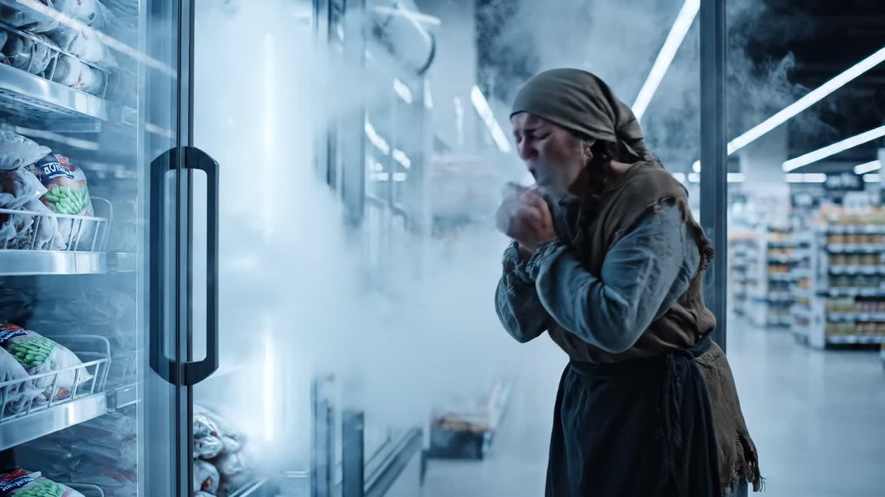 Woman Experiencing Cold in Supermarket Freezer Aisle