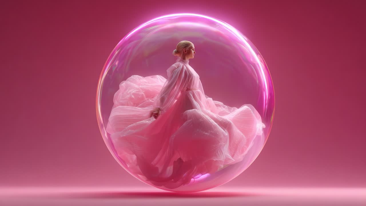 A Dreamy Encounter: A Beautiful Figure Dressed in Flowing Pink Attire Enclosed in a Magical Bubble, Capturing a Mesmerizing Moment of Elegance and Grace Against a Soft Pink Background
