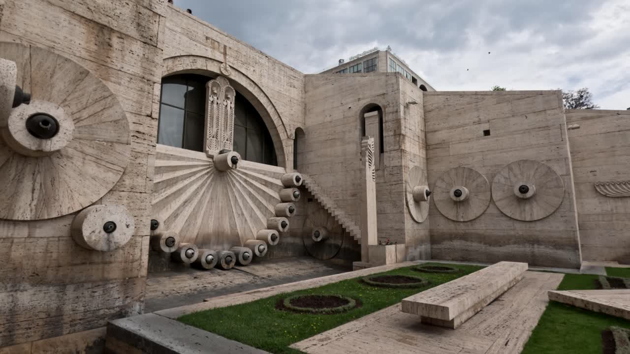 A praça em Yerevan exibe arquitetura moderna com estruturas de pedra e designs intrincados. Visitantes caminham pela área observando os detalhes dos edifícios e do ambiente.