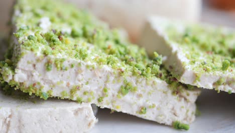 close-up of turkish delight with pistachios