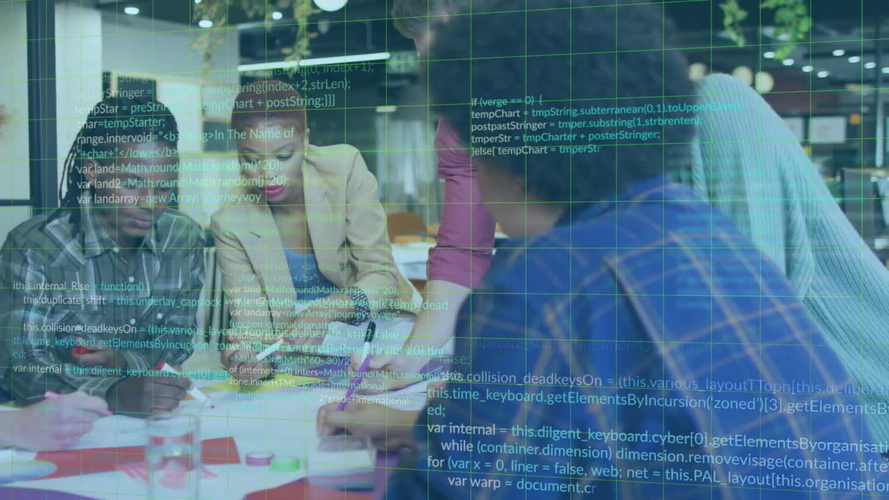 Animation of data processing over diverse colleagues having meeting in office