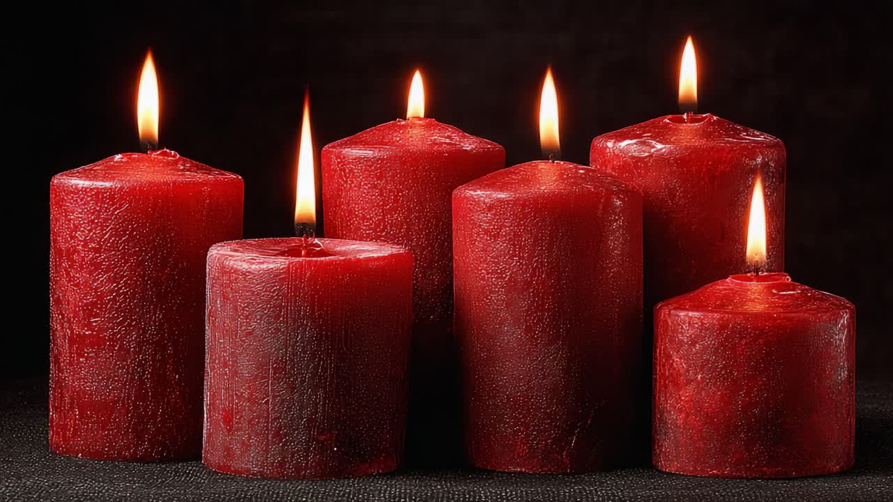 Un'affascinante esposizione di candele rosse che bruciano dolcemente, creando un'atmosfera calda e accogliente con fiamme luminose su uno sfondo scuro