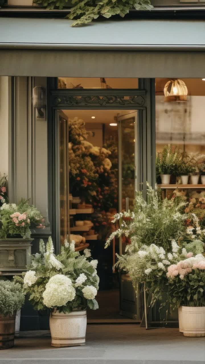 Incantevole video a livello stradale dell'ingresso di un negozio di fiori, che mostra vegetazione lussureggiante e fiori
