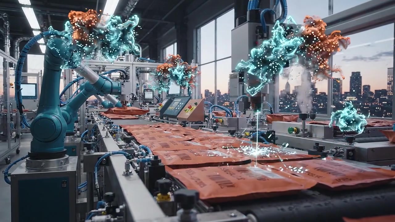 Futuristic Factory Automation with Robotic Arms and Digital Processing