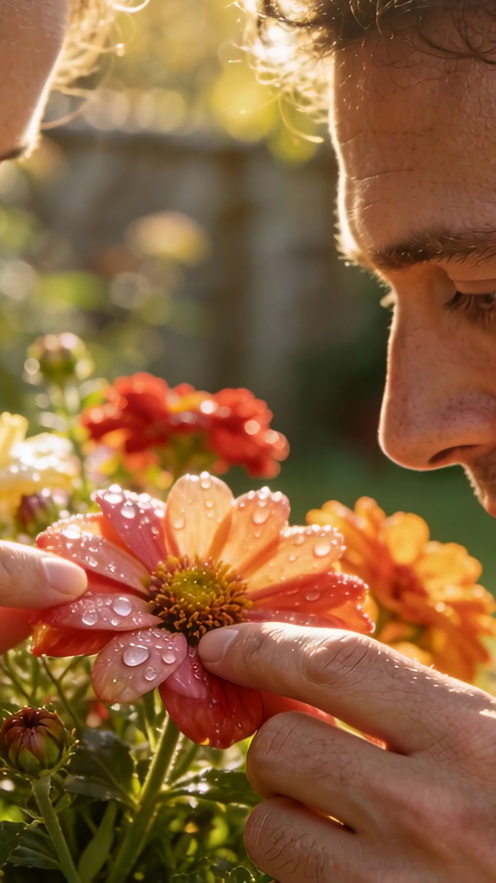 Close-up of People Gently Touching a Flower with Water Droplets in a Sunny Garden