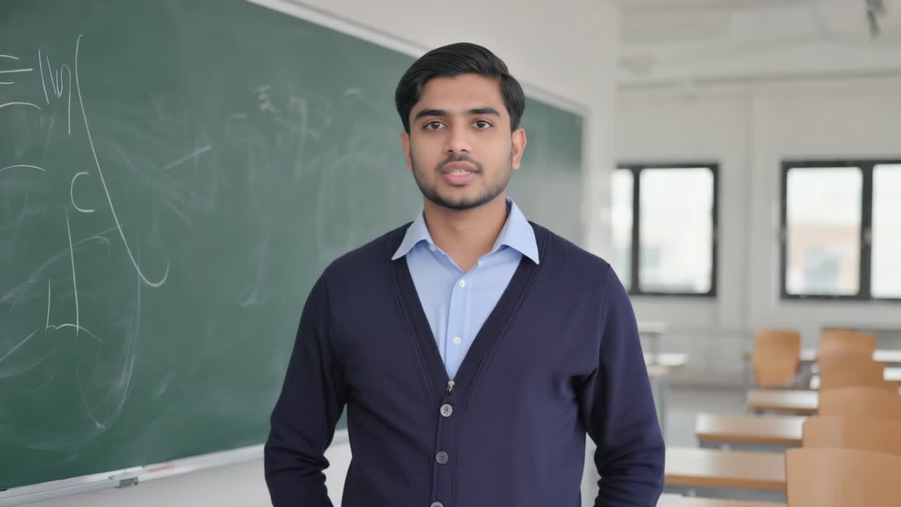Indian teacher standing confidently in a classroom, arms crossed while explaining a lesson to attentive students in front of a blackboard, fostering an engaging learning environment