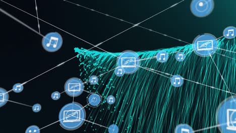 Animation-Eines-Verbindungsnetzes-Mit-Digitalen-Symbolen-über-Grünen-Lichtwegen