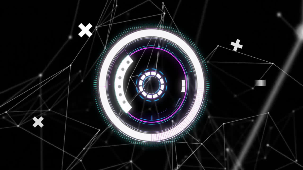 Futuristic circular interface animation over network of connections on black background