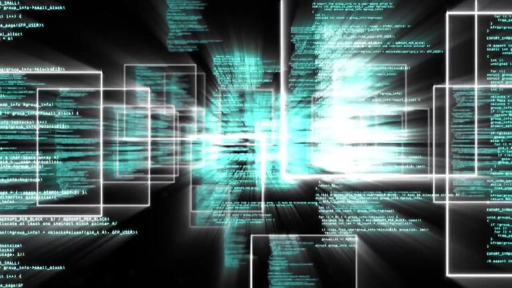 Animation of data processing over screens on black background