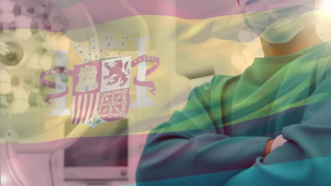 수술실에서 외과의사 위에 흔들리는 스페인 국기의 애니메이션