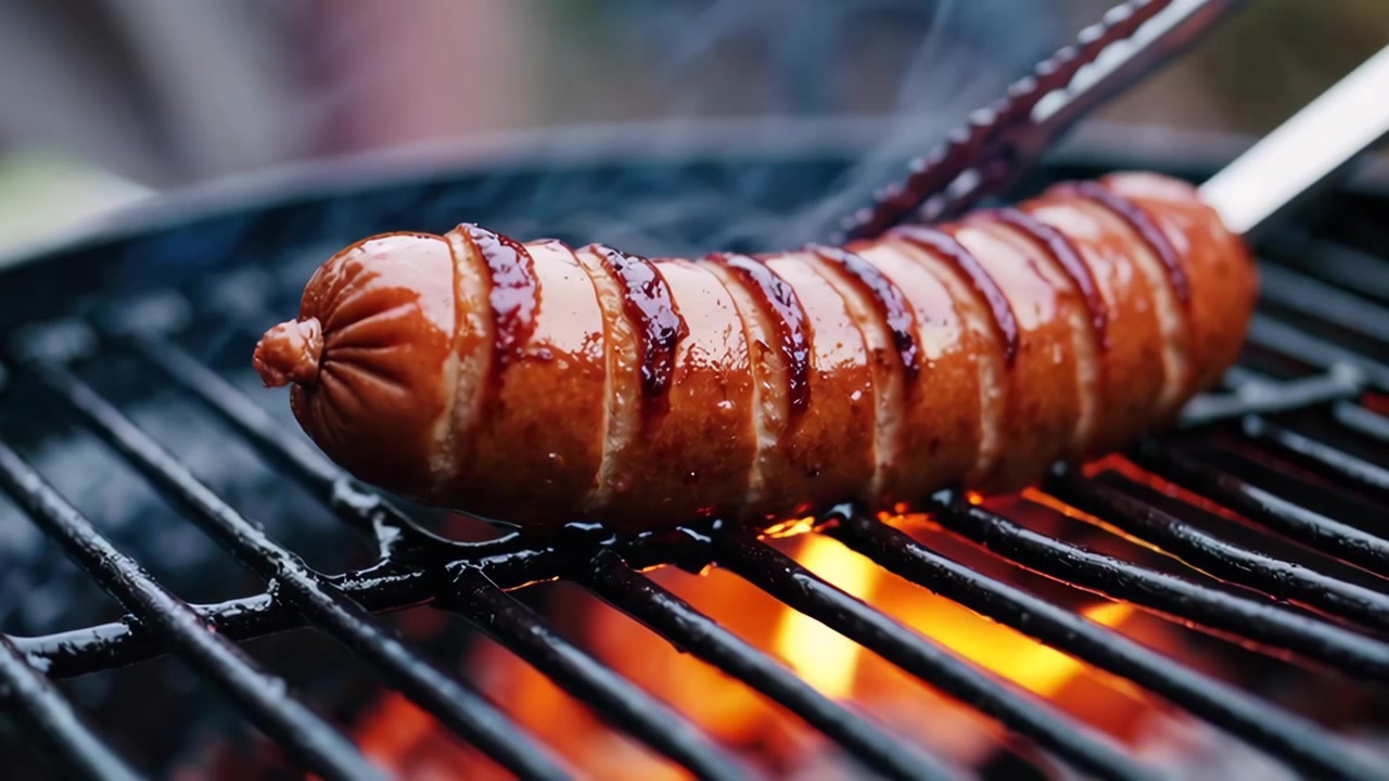 Primo piano di salsiccia che cuoce su una griglia calda per barbecue