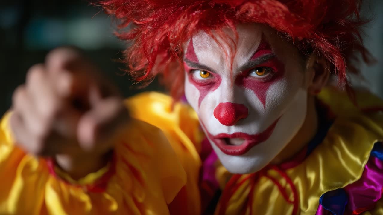 Clown feroce con capelli rossi e costume colorato che punta aggressivamente la fotocamera in un drammatico primo piano di un personaggio da brivido con tema spettrale