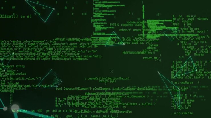 Animation of triangles and data processing on black background