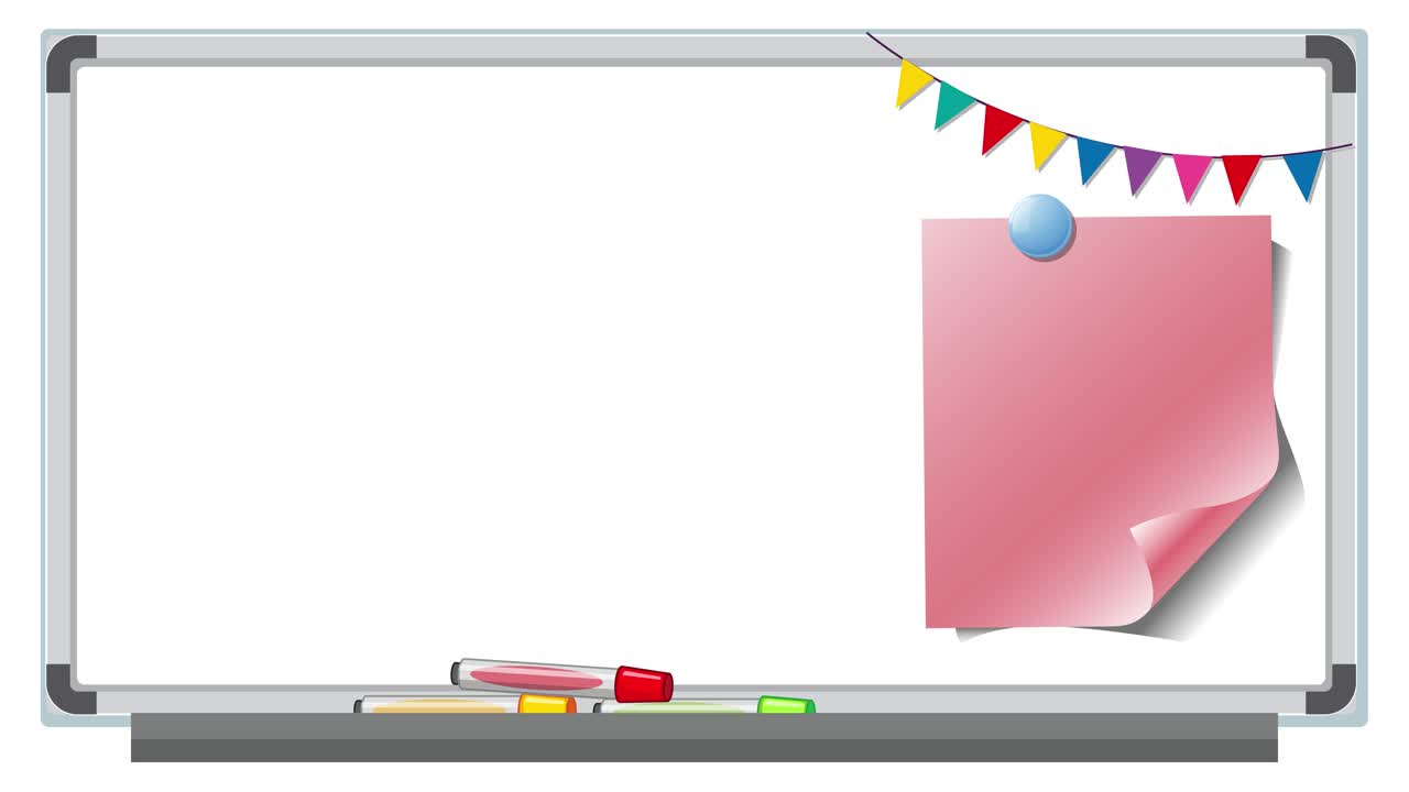 Animation of a whiteboard with colorful flags and sticky notes appearing and disappearing. Simple transitions and clean design