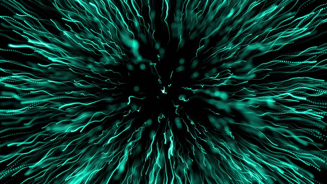 Digital animation of green light trails exploding against black background