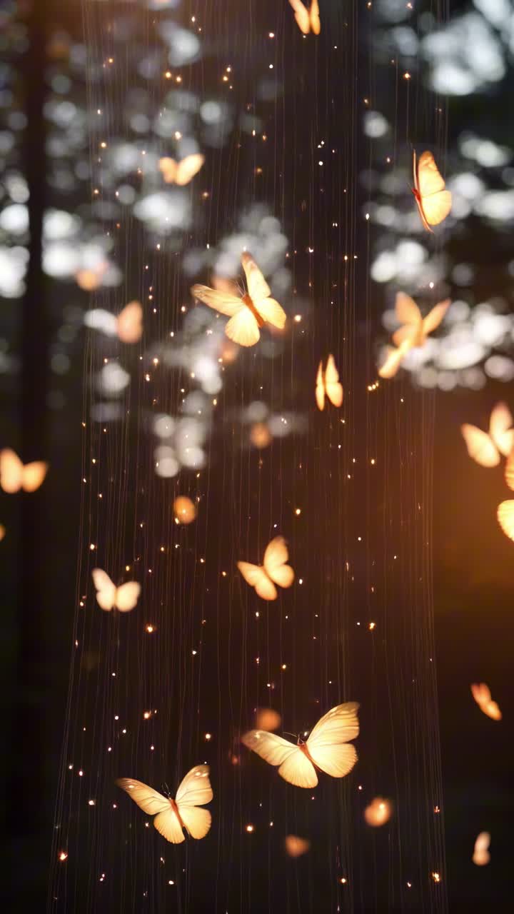 A magical video scene with glowing butterflies and twinkling lights