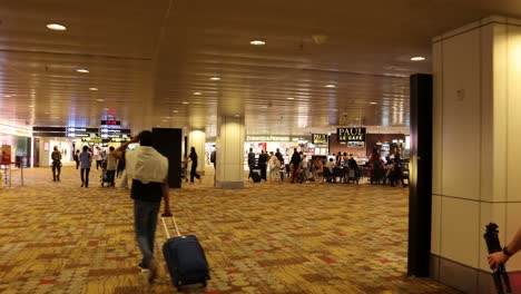 passengers walking through a bustling airport terminal