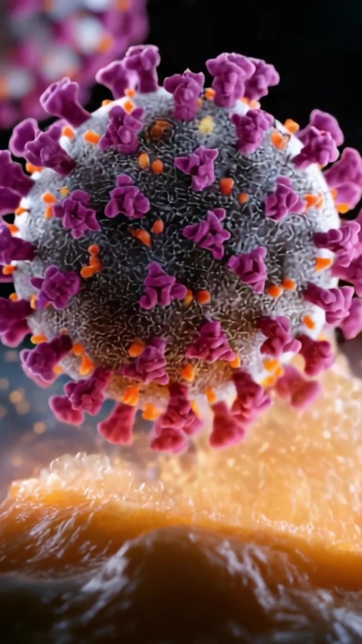 Visualizzazione dettagliata di una particella del virus COVID-19, che mostra la sua struttura e l'interazione con i tensioattivi in un'esplorazione scientifica del comportamento virale