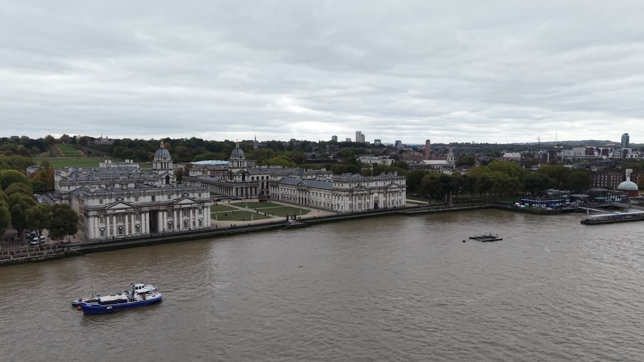 Aerial View over river Thames Old Royal Naval College Greenwich London UK