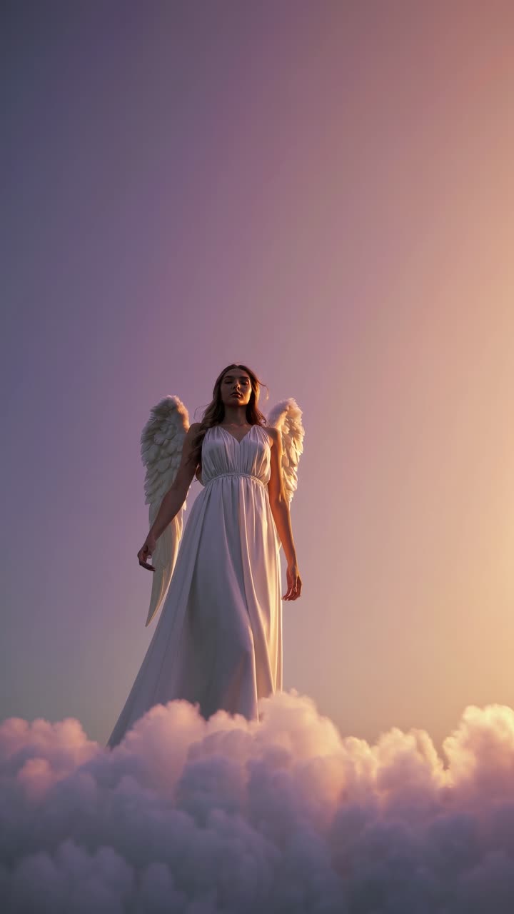 A serene angelic figure stands on clouds at sunset, captured from a low-angle