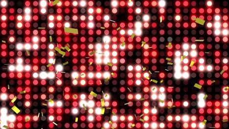 Digital-animation-of-golden-confetti-falling-over-red-disco-lights-against-black-background