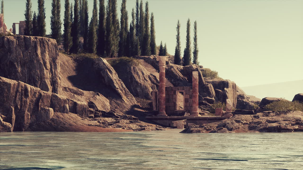 ruinas de un antiguo templo romano a lo largo de un paisaje sereno a la orilla del río