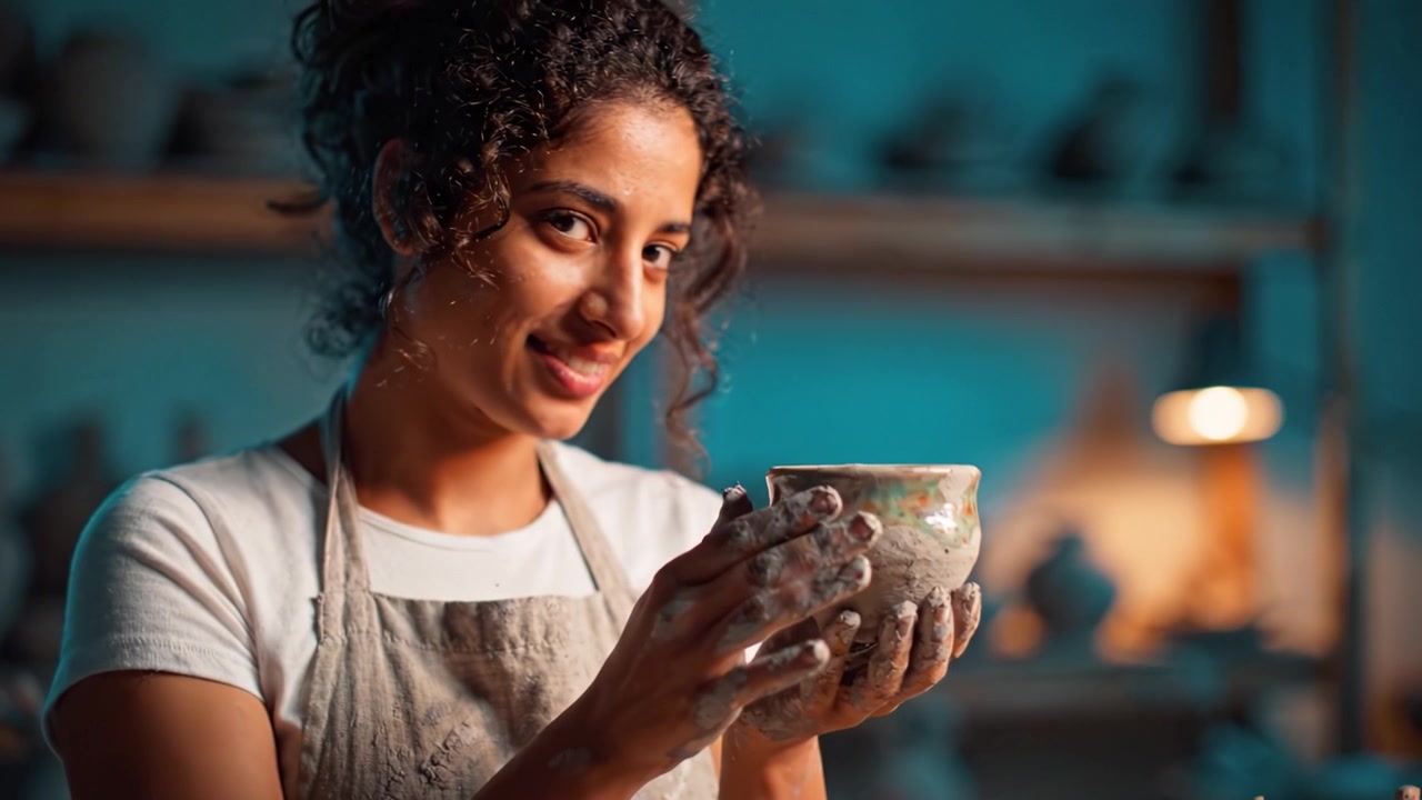 Creare bellezza: un'artigiana esperta si diletta nel suo pezzo di ceramica finito, mostrando maestria nella lavorazione dell'argilla all'interno di un sereno ambiente di studio artigianale.