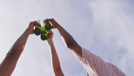 hands of diverse friends making toast with bottles of beer in the sun at outdoor party