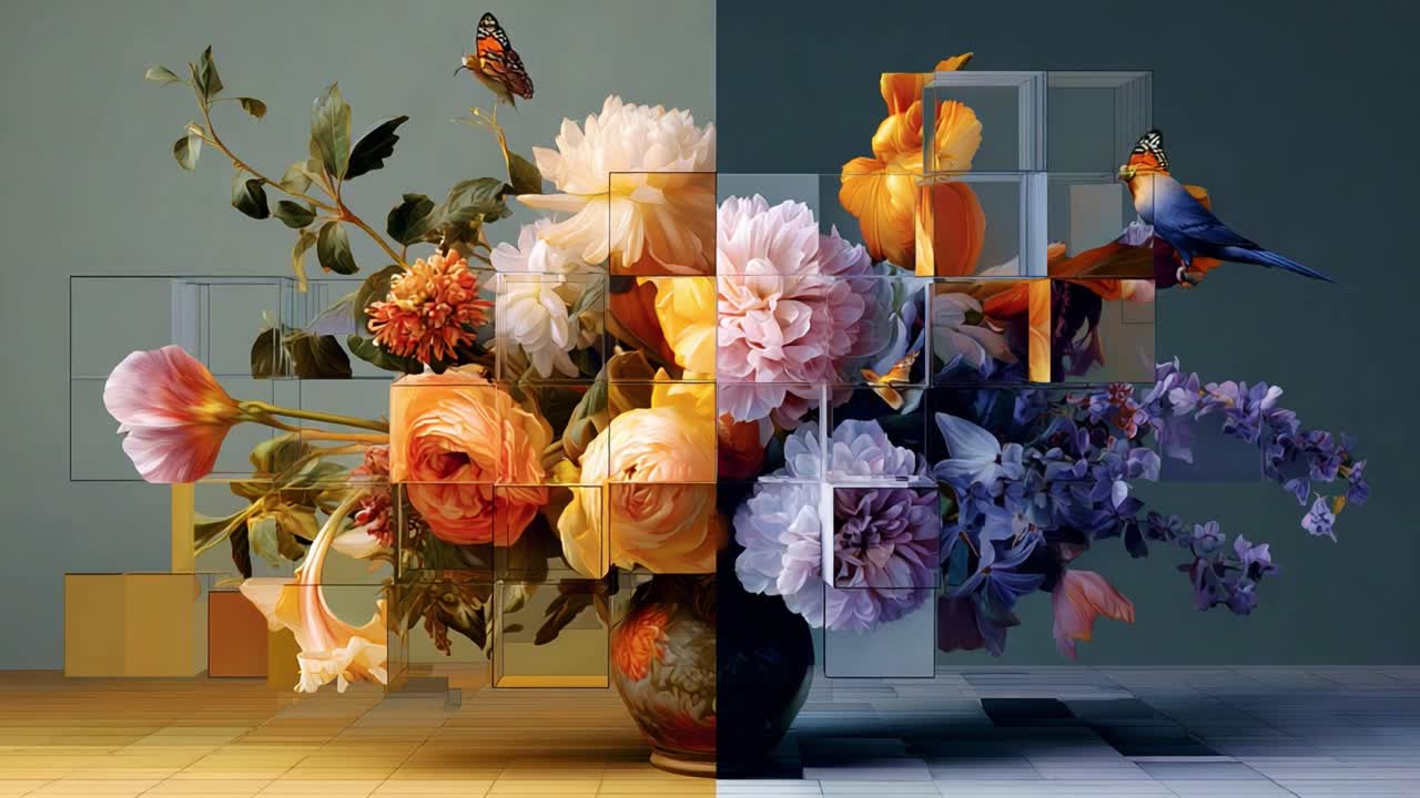 A Stunning Floral Composition Featuring Varied Blooms and Butterflies: An Artistic Display of Nature's Beauty Merging with Abstract Elements and Vibrant Colors for Visual Inspiration