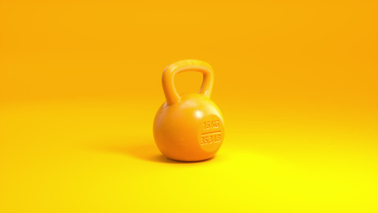 Dynamisk udformet 3D-animation: Gul vægtstang roterer mod en levende, ren gul baggrund