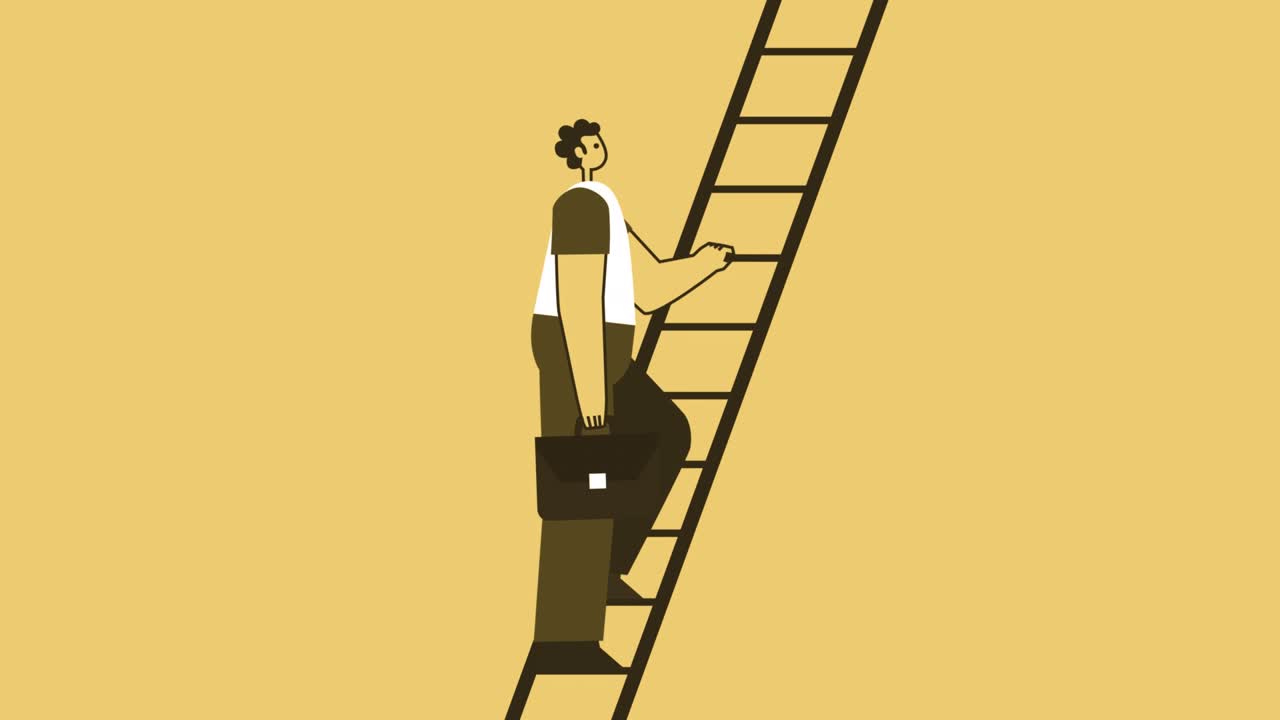 브리프케이스를 들고 있는 노란색 스타일의 남자, 평평한 캐릭터가 사다리를 오르고 있다. 알파 채널을 가진 고립된 루프 애니메이션