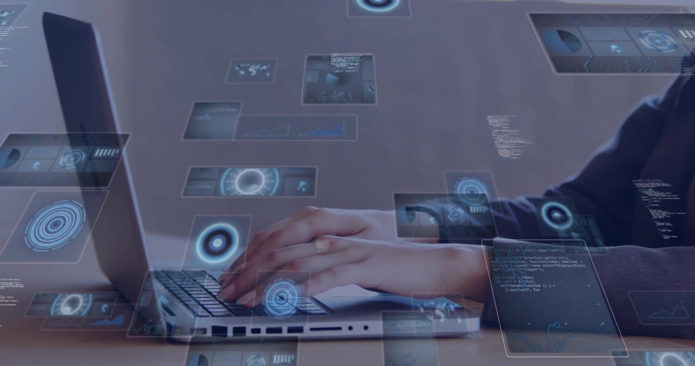 woman typing on laptop keyboard in tech workspace, with holographic data charts and code snippets