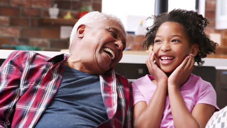retrato del abuelo sentado en el sofá en casa con las nietas y riendo