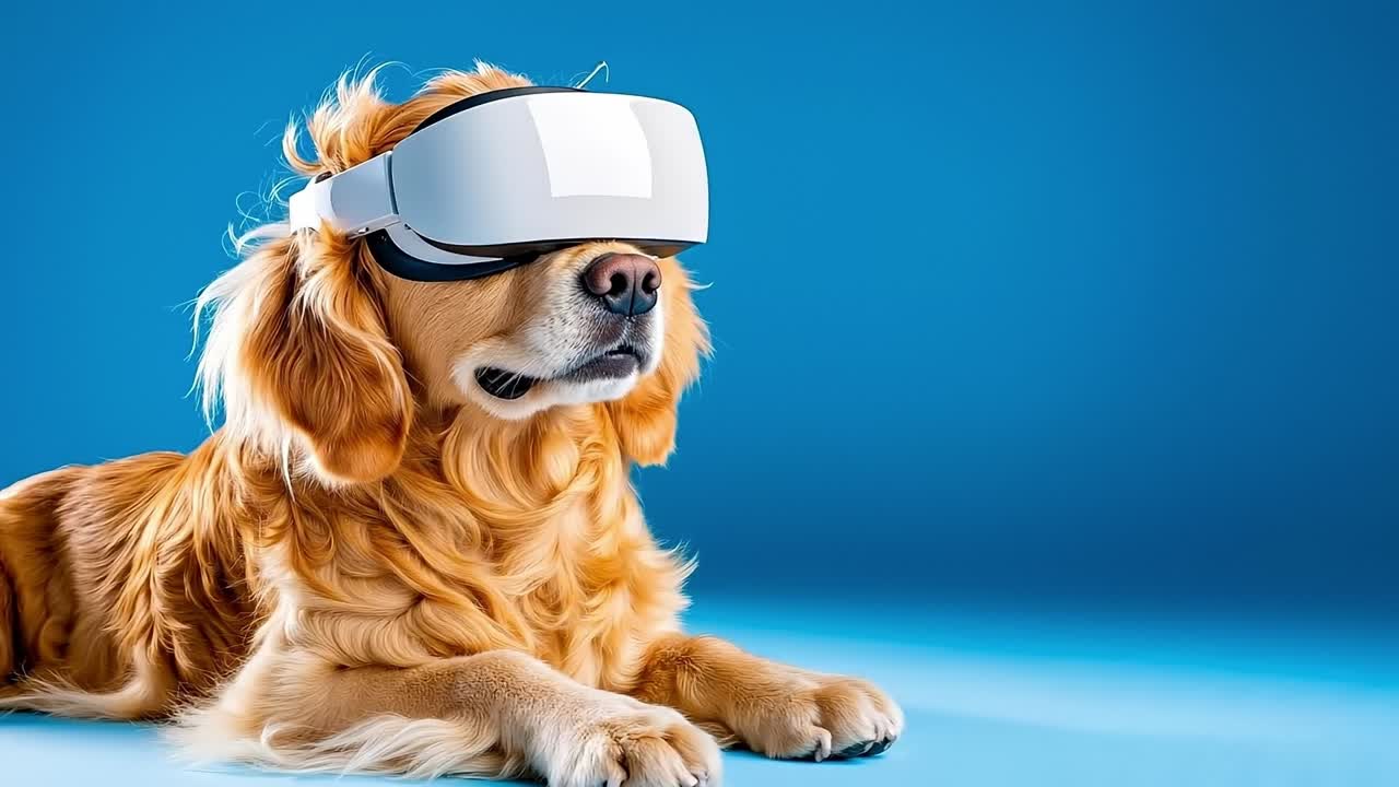 A dog wearing a virtual reality headset laying down on a blue background