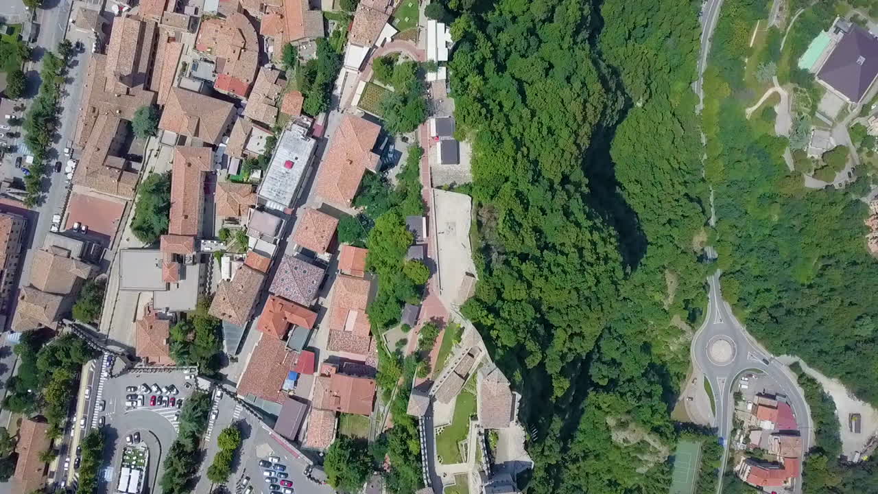 Beautiful Top View Of The Fortress Of Guaita On Monte Titano Overlooking The City Of San Marino. aerial
