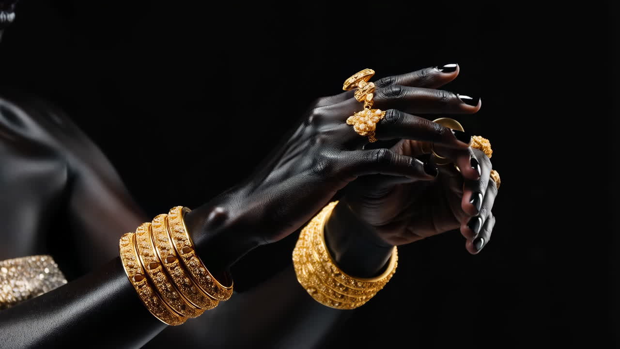 Close-up of Dark Hands Adorned with Ornate Gold Jewelry