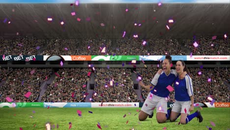 Animation-of-diverse-female-soccer-players-over-stadium